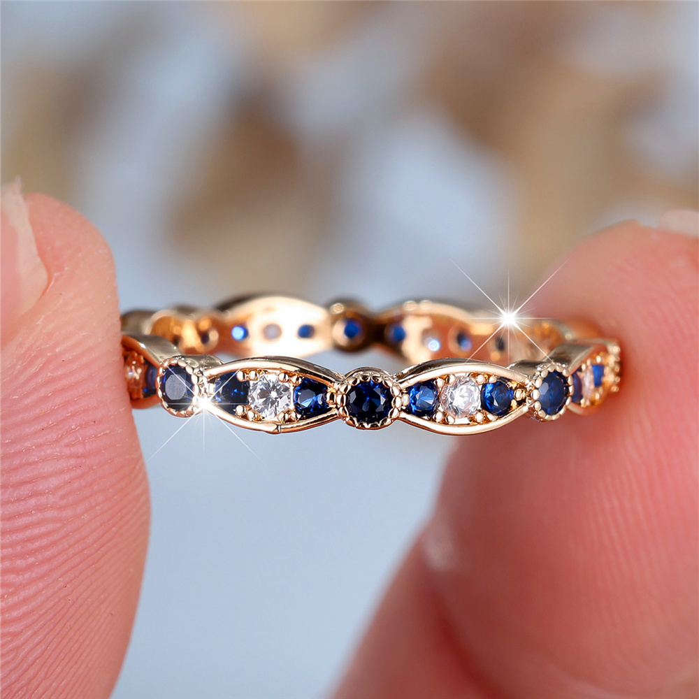 Luxury Golden Tone Graceful Eternity Ring with Blue & Clear Zirconia